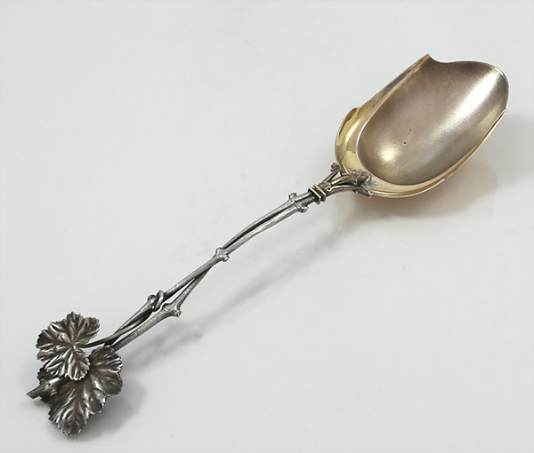antique sterling Wood & Hughes long handle serving spoon with twist handle and  shovel shaped bowl